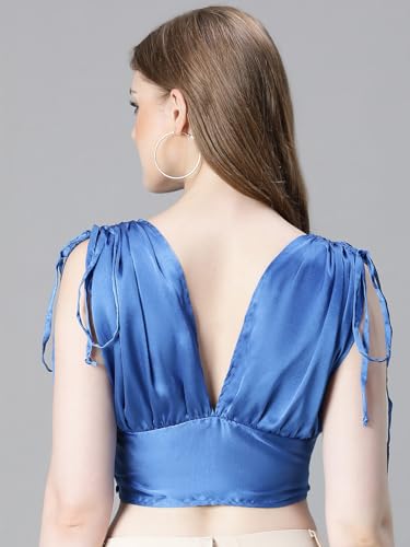 Image of oxolloxo Women Solid V-Neck Elasticated Tie-Up Satin Crop Top