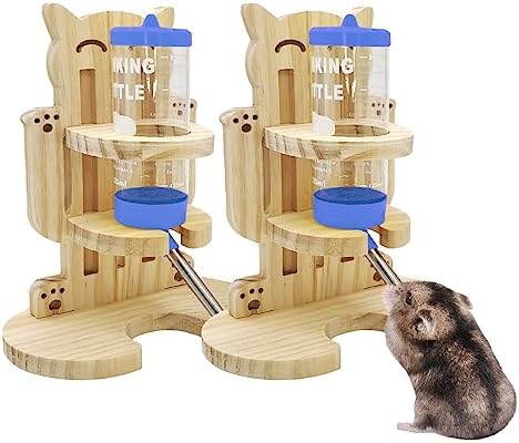 BNOSDM 2 Pack Hamster Water Bottle Holder Stand Wooden Guinea Pig Water Bottle Standing Wood with 125ml Hanging Water Bottle Adjustable No Drip for Hamsters Gerbils Rats Mice Rodents