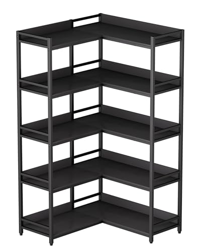 Image of Large 5-Tier Corner Bookshelf - Modern Tall Corner Shelf Storage Display Rack with Sturdy Metal Frame - Perfect for Living Room, Home Office, Books and Decor Display