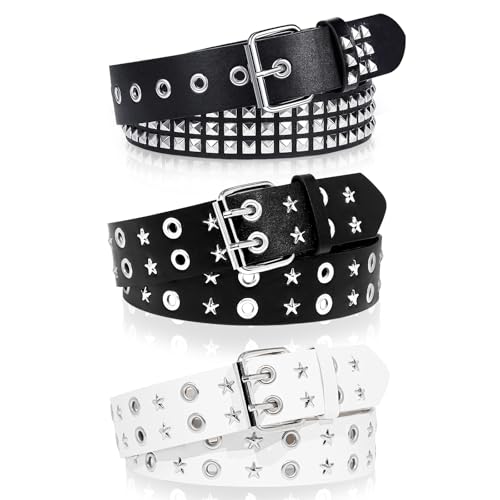3 Pcs Black Studded Belt, Y2K Belt Star Goth EMO Punk Rock Double Grommet with Bright Pyramid Studded for Women Men (Studded Grommet)