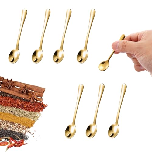 8 Pcs Stainless Steel Tiny Spoons, 3 x 0.6 Inch Cute Spice Mini Spoons, Practical Small Spoon for Spices Jars, Condiments, Salt, Sugar, Honey (Gold)