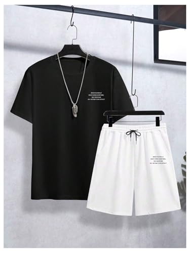 Verdusa Men's 2 Piece Tracksuit Letter Print Graphic Tees and Workout Shorts with Pockets3