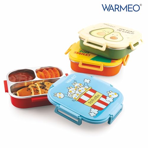 Image of WARMEO Jerry Insulated Lunch Box with Three Compartment BPA Free, Kids Lunch Box,Food Grade Ideal for School, Picnic, Office & Outdoor - 500ml Dino, Stainless Steel