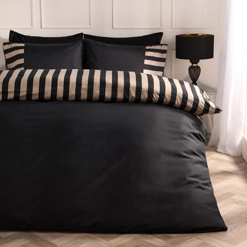 OHS Single Duvet Cover Set, Super Soft Cosy Warm Microfibre Polyester Stripe Edge Single Bedding Reversible Modern Quilt Cover Set with Matching Pillowcase, Black/Stone