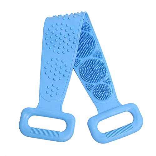 Silicone Back Scrubber?Exfoliating Long Double Side Silicone Body Back Brush with Hair Scalp Massager?Spa Massage Skin Care Tool?Body Scrubber With Handle Long Lasting and Easy to Clean (Blue)