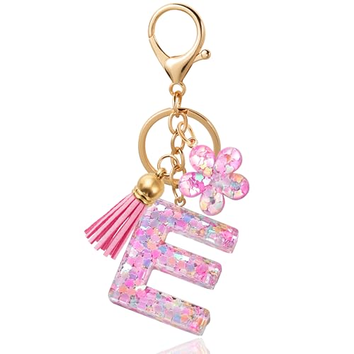 ANHBKAR Pink Flower Initial Keychain - Resin Letter E Bag Charm for Women, Girls (E-PINK)