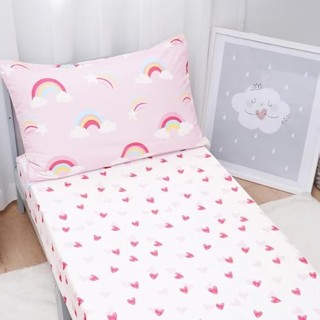 david's kids 4 Piece Toddler Bedding Set - Soft Breathable Toddler Bedding Set for Girls, Includes Quilted Comforter, Flat Sheet, Fitted Sheet and Pillowcase, Rainbow