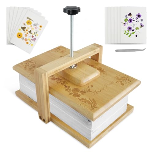 Whemyreat Set per rilegatura a libro, pressa per fiori, in legno, per fai da te, set di conservazione per piante floreali pressate, pressa di carta, set con 6 pezzi di carta assorbente, 1 pinzetta