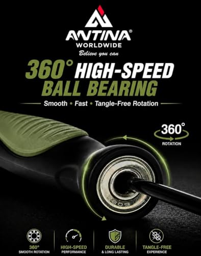 Image of Worldwide Adjustable Skipping Rope | 275 cm PVC Rope | Double Colour | Ball Bearing | Soft TPR Grip | Premium Plastic Handles | Fitness Jump Rope for Men, Women & Kids (Army Black)