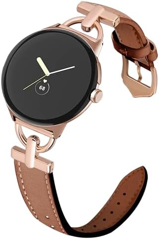 Apawband D-Shape Leather Band Compatible with Google Pixel Watch/Pixel Watch 2 Bands Women, Dressy Leather Strap with D-Shape Metal Buckle (Brown/Rose Gold)