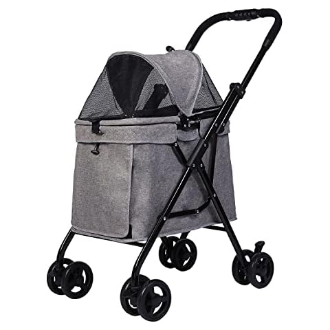 Vilobos Dog Stroller Foldable for Medium Dogs Cats with Four Wheels Storage Pocket Portable Steel Frame Jogging Travel Carrier Cage,Grey Cover