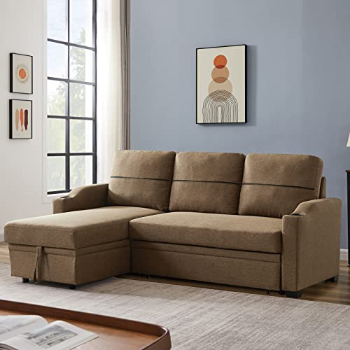 Humeha Reversible Sectional Sofa Couch, Brown Convertible Pull Out Bed Sleeper Sofa With Storage Chaise Lounge, Upholstered L Shaped Couch With 2 Cupholders, Linen Fabric Couches For Living Room #TOP30
