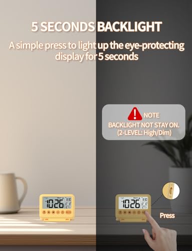 Image of Digital Travel Alarm Clock - 3.54 inch LCD Display, 9-Minute Snooze, 2 Volume Levels, Backlight, Battery Included (Yellow)