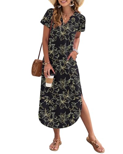 Image of MISFAY Women's Summer Maxi Dress 2026 Casual Short Sleeves V Neck Loose Sundress Split Long Beach T Shirt Dress