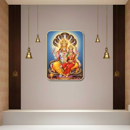 Image of SAF Lakshmi Narasimha Wall Art with Table Top Stand & Wall Hanging Hole | Premium MDF Narasimhar Lakshmi Painting for Home Mandir Office Vastu Protection Decor