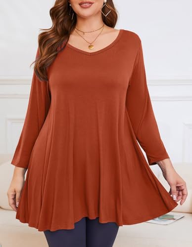 Image of LARACE Tunics 3 /4 Sleeve Plus Size Tops for Women V Neck Loose Fit Flowy Clothing for Leggings