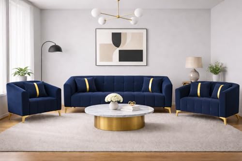 Image of Adorn India Premium Mystic - 3 Years Warranty - 3+2+1 Sofa Set Velvet Suede Fabric - Blue