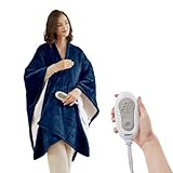 Degrees of Comfort Heated Sherpa Wrap Shawl, Cozy Winter Electric Blanket Throw, for Grandma Mom Women, Washable, Auto Shut-Off, Reversible 50 x 64 Inch, Navy