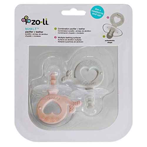 Image of ZoLi BinkiT Silicone Pacifier & Teether All in One | 2 Pack Orthodontic Pacifier and Baby Teething Accessory, Whale Handle Shape, 0-6 Months - Blush /Ash Grey