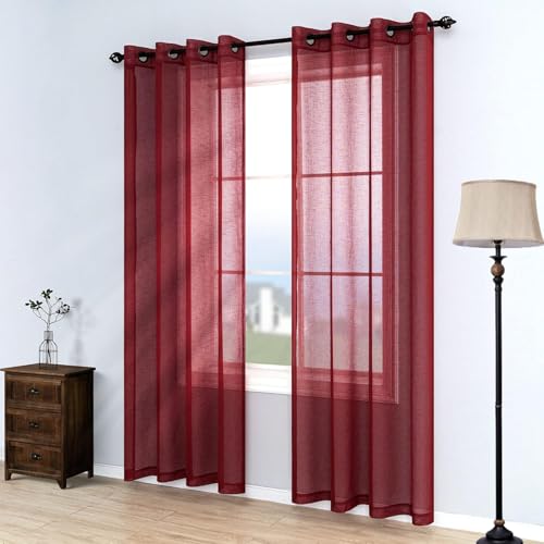 Image of 7 Feet Door Curtains Set of 2 - Semi Transparent Sheer Curtains for Living Room & Bedroom | Polyester Eyelet Curtain Panels | Modern Door & Window Curtain (Red)