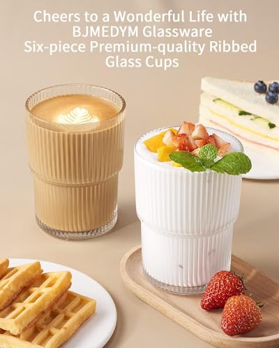 Image of WEZOSHINET 6 Pcs Ribbed Heat Resistant Drinking Glasses Cup with Vertical Stripes Pattern for Iced Coffee Cups Whiskey Cocktail Beer Water Glasses for Home Party Bar (190 ML /Set of 6)