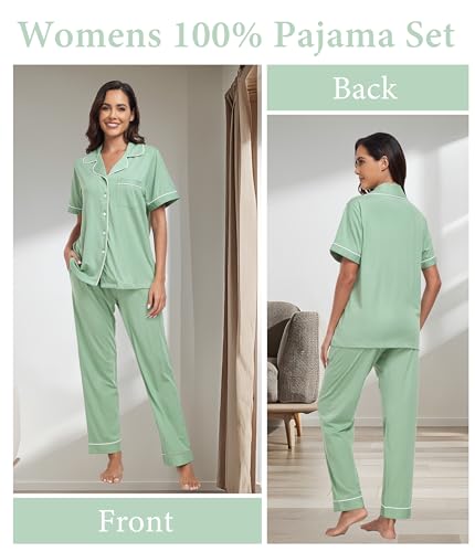 Image of CF Womens 100% Cotton Pajamas Set Button Down Pjs Sets Short Sleeve Top & Long Pants Sleepwear Comfy Loungewear with Pockets