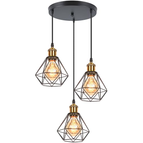 TOKIUS 3 Luces Lámpara Colgante Vintage Ø 16cm Retro Lámpara de Techo Diseño de Jaula de Hierro Negro E27 Iluminación Colgante Interior para Salón, Dormitorio, Cafetería (Latón, Araña 3 Luces A)