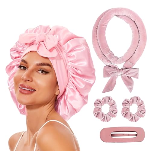 BSITSSS 5 Piezas Set de Rizador Pelo Sin Calor, Rosa Gorro de Seda para Dormir con Hair Curler, Gorro Saten Pelo Rizado para Heatless Curls Cabello Largo y Mediano