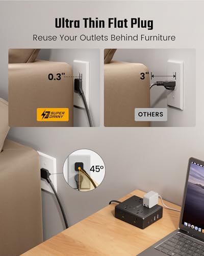 Image of 6Ft Extension Cord with Multiple Outlets, Flat Plug Power Strip Surge Protector, 8 Outlet 4 USB Ports (2 USB C), Wall Mountable, Desk Charging Station for Home Office, College Dorm Room Essentials