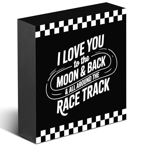 GRXXPIP Racing Love Sign, Wooden Box Decor 5x5 in, Black Checkered Shelf Decor, Race Track Quote Sign, Racing Gift for Couples, I Love You to the Moon and Back.(015)