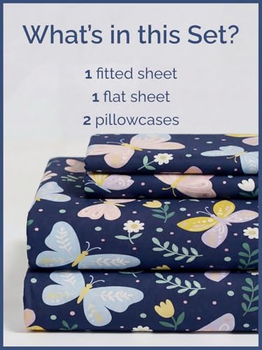 Image of Kids Full Size Moonlit Butterflies Bed Sheets - 4 Piece Kids Sheet Set | Moonlit Butterflies Themed Bedding, Ultra-Soft, Cute & Cozy, Breathable & Machine Washable, Bed Set for Boys, Girls & Teens