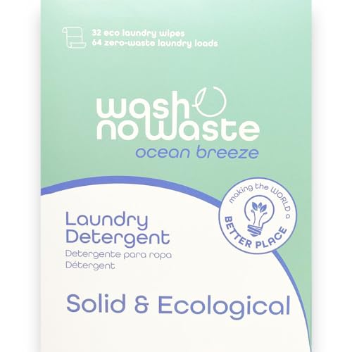 Wash no Waste - Tiras de Detergente para lavadora (64 lavados). Hipoalergénico y Biodegradable. Efecto suavizante. Gran poder de limpieza. Vegano y Cruelty Free. Libre de plásticos. … (Ocean Breeze)