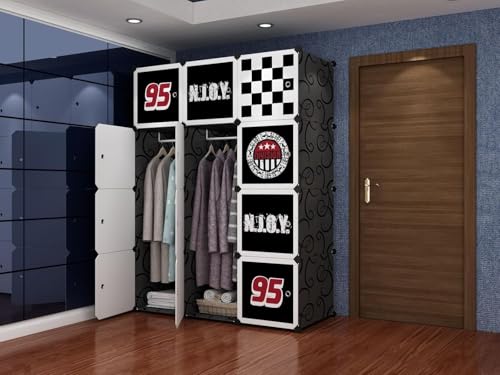 Image of AYSIS Almirah for Clothes, Plastic Soft Sheet Collapsible Wardrobe for Kids Toys /Books, Baby Cupboard for Storage in Bedroom Nursery, Cartoon (Black Print, 12-Shelf-12-Door)
