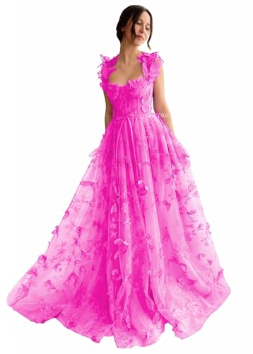 3D Butterfly Tulle Prom Dresses for Women 2025 Long Lace Applique Ball Gown Formal Evening Party Gown with Slit