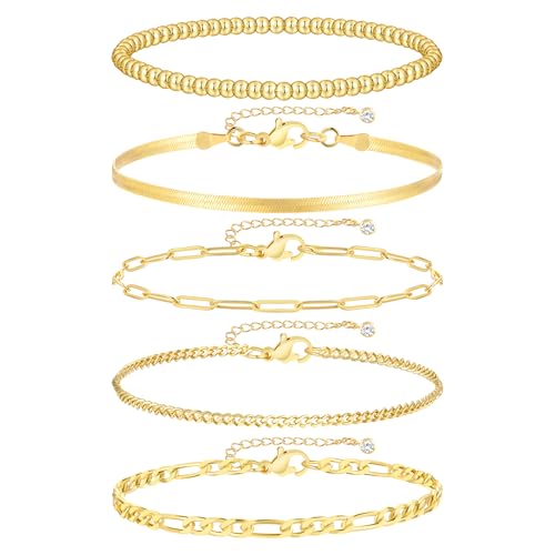 iF YOU Gold Bracelets for Women, 14K Gold Plated Stackable Bead Ball Cuban Link Paperclip Bracelets Bracelet Set, Layered Adjustable Bracelets for Women Waterproof Jewelry for Gift 5pc