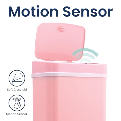 Image of Ninestars 3 Gallon Automatic Trash Can, 12L Touchless Motion Sensor Bathroom or Bedroom Garbage Can with Odor-Sealing Lid, Impact-Resistant ABS Plastic, Pink