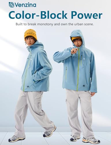 Image of Venzina Men's Waterproof Rain Jacket-Lightweight Windbreaker with Color Block Design, Breathable for Urban Outdoor, Daily Commuting I Fashion Unisex Couple Jacket