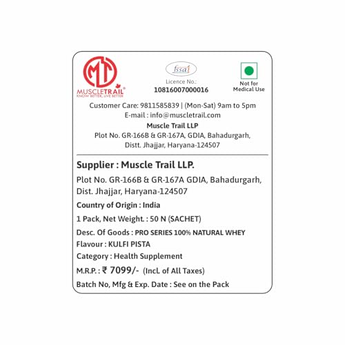 Image of MuscleTrail Pro Series Whey Protein, 50 Pouches, 25g Protein, Isolate Source, Low Carb, 4g Glutamine & Glutamic Acid, 5g BCAA, 1.79kg (Kulfi Pista)