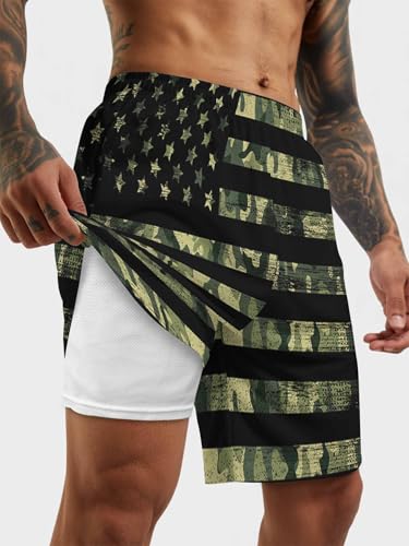 Mens Swim Trunks with Compression Liner,Green Black Camo American Flag Men's Inseam Board Shorts Quick Dry Bathing Suit2