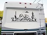 Minglewood Trading Desert UFO Cactus Mountains Scene V5 Vinyl Decal - Flying Saucer Alien RV Camper Graphics - Die Cut Sticker