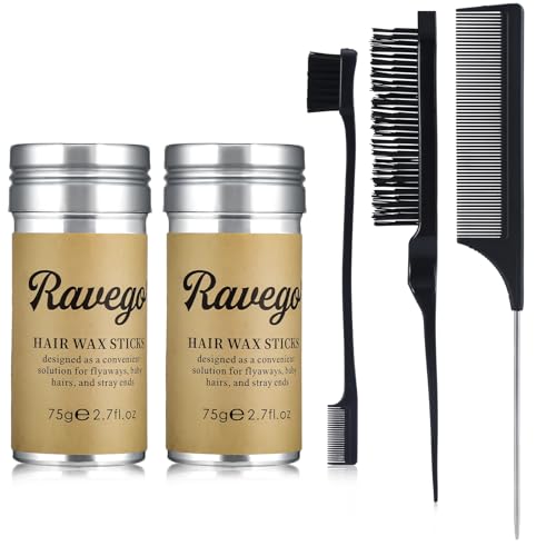 RAVEGO Bastoncino di cera per capelli da 2 pezzi, controllo dei bordi delle parrucche in cera, bastoncino di pomata per capelli non grasso, con 3 spazzole toupier, spazzola a doppio bordo (nero)