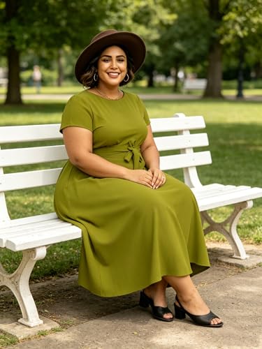 Image of Hostoyo Women Plus Size Formal A Line Maxi Dress Self Tie Waist with Pockets Elegant Round Neck Swing Long Dresses