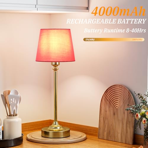Image of Cordless Table Lamps Rechargeable Set - 2 Pack Brass 4000mAH Battery Operated Lamps for Decor, 3000K Stepless Dimming Touch Control Wireless Lamps for Bedroom, Dining Table, Living Room, Rose Shade