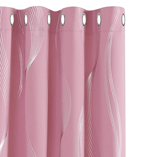 Deconovo Lot de 2 Rideaux Chambre Fille Argenté Motif Ligne Occultant Thermique Anti Froid Salon Rideau Extérieur Anti Chaleur Froid à Oeillets 140x175cm Rose