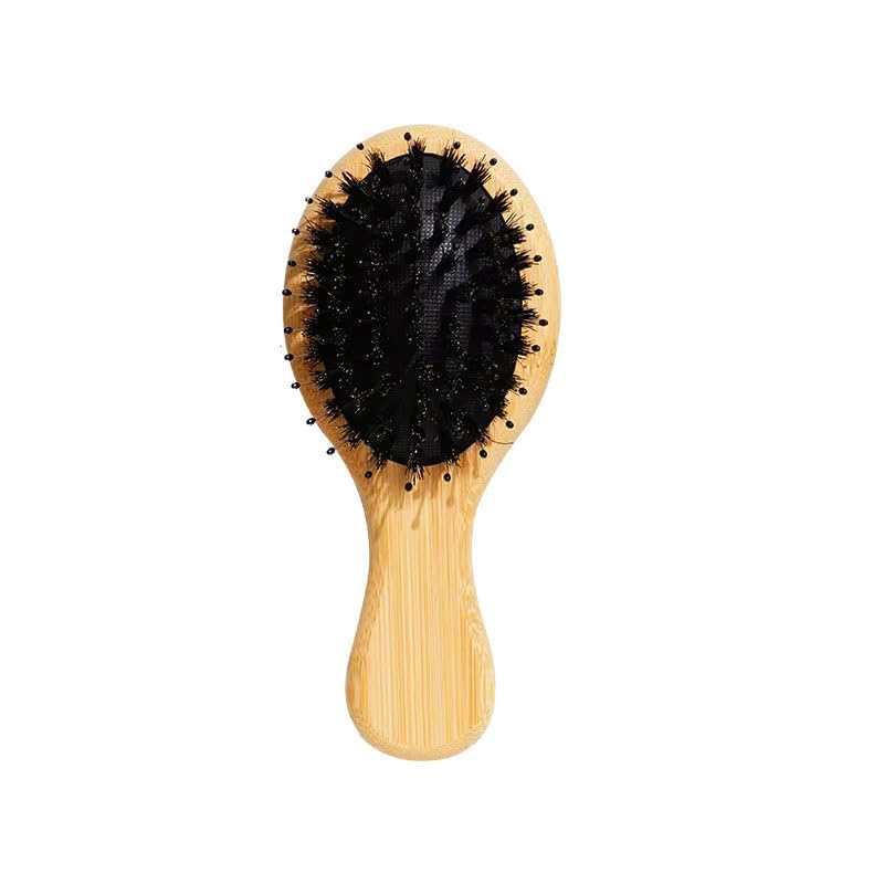 TreasureStash - Mini cepillo de pelo de bambú, peine desenredante de dientes anchos con base de cojín de aire, diseño portátil impermeable, cerdas naturales (dientes de cerdas de jabalí)