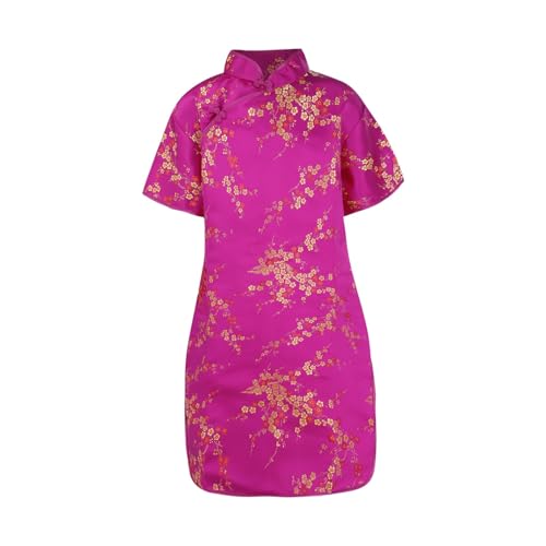 , niños grandes, manga corta, cuello alto, estampado floral, cheongsam chino, vestido de Año Nuevo, vestidos de vacaciones Maillot para niñas con, Rosa intenso., 9-10 años