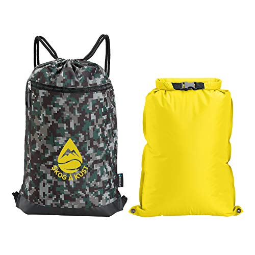 Skog Å Kust Gymsak - 2-In-1 Drawstring Gym Bag With Removable Waterproof Bag | Features An Exterior Zippered Pocket With Key Clip And Reflective Logo | Premium Quality Cinch Sack In Camo & Yellow #TOP7