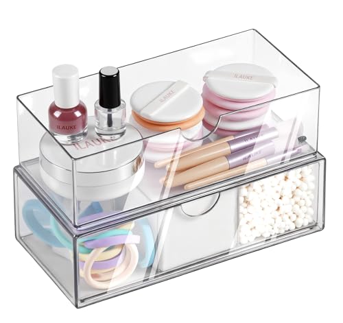 Schubladen Organizer für Bad & Schminktisch | 2er-Set aus bruchsicherem Acryl | Stapelbar & Transparent mit Anti-Rutsch-Sockel | Für Badschrank und Büro