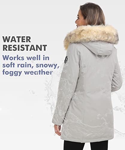 PUREMSX Down Winter Coats for Women, Thick Warm Water Resistant Sport Outwear Skiing Climbing Fur Hood Jacket Parka, Beige,X-Small