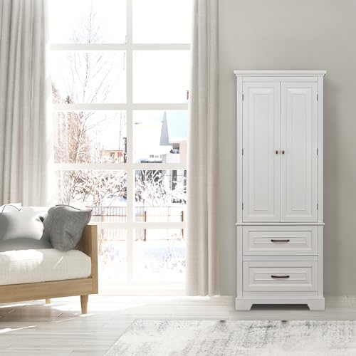 Teamson Home St. James Freestanding Adjustable Shelves 2 Drawers 5 Spaces and 2 Doors Wooden Linen Tower Storage Cabinet, White - Image 5